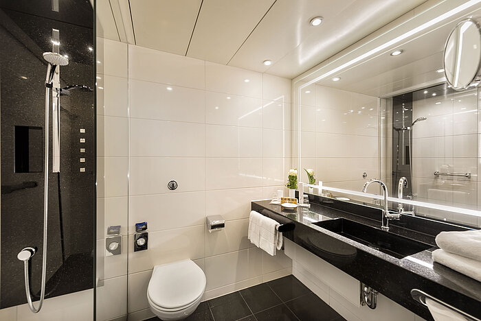 Modernes Badezimmer mit Dusche und großem Spiegel im Maritim Hotel Bonn, elegant gestaltet mit hochwertigen MaterialienModernes Badezimmer mit Dusche und großem Spiegel im Maritim Hotel Bonn, elegant gestaltet mit hochwertigen Materialien.