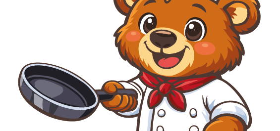 Cartoon-Bär im Kochoutfit mit Pfanne und Maritim Kochmütze als freundliches Maskottchen.
