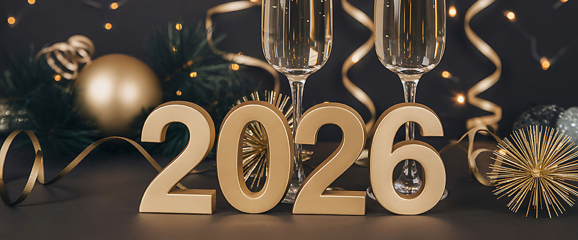 Zwei Gläser Sekt und goldene 2026-Deko mit Lichtern im Hintergrund zur Silvesterfeier