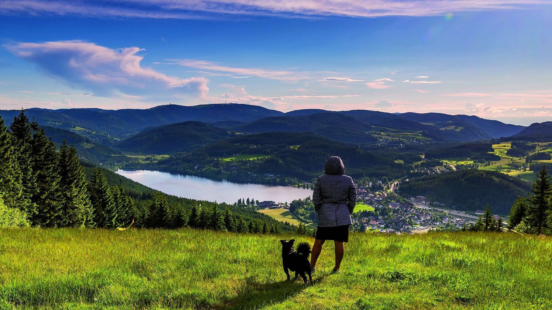 Wanderin mit Hund über dem Titisee im Schwarzwald Frau mit Hund genießt den Ausblick auf den Titisee und die Landschaft des Schwarzwalds vom Hochfirst