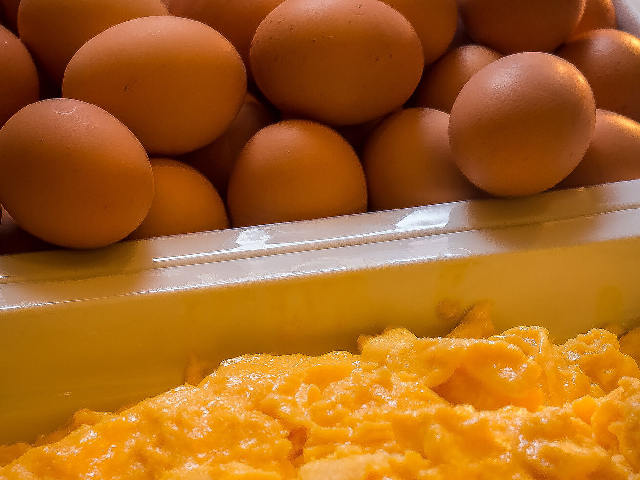 Rührei und gekochte Eier zur Auswahl am Frühstücksbuffet.