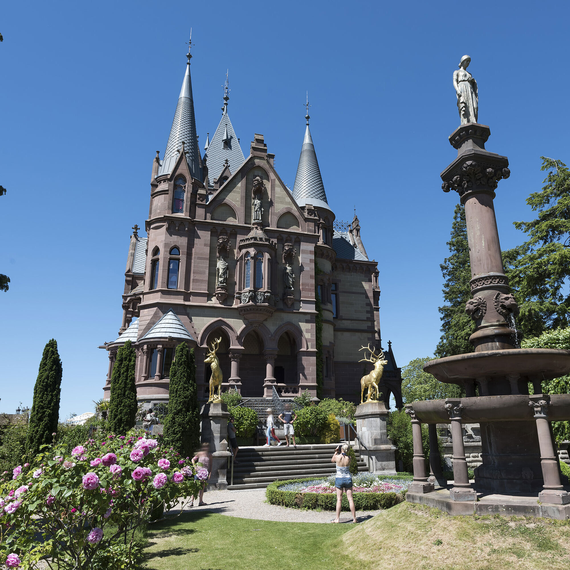 Schloss Drachenburg Das prachtvolle Schloss Drachenburg mit einem kunstvollen Brunnen und blühendem Garten.