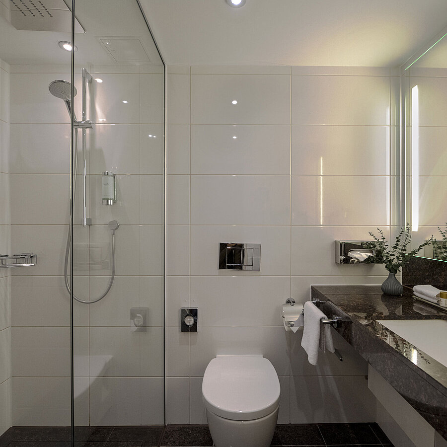 Modernes Badezimmer im Maritim Hotel Darmstadt mit Glasdusche, eleganter Waschbeckenablage und stilvollen Details.