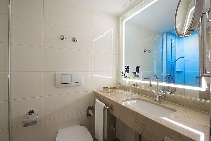 Helles Badezimmer mit großem Spiegel und Pflegeprodukten im Maritim Hotel Titisee