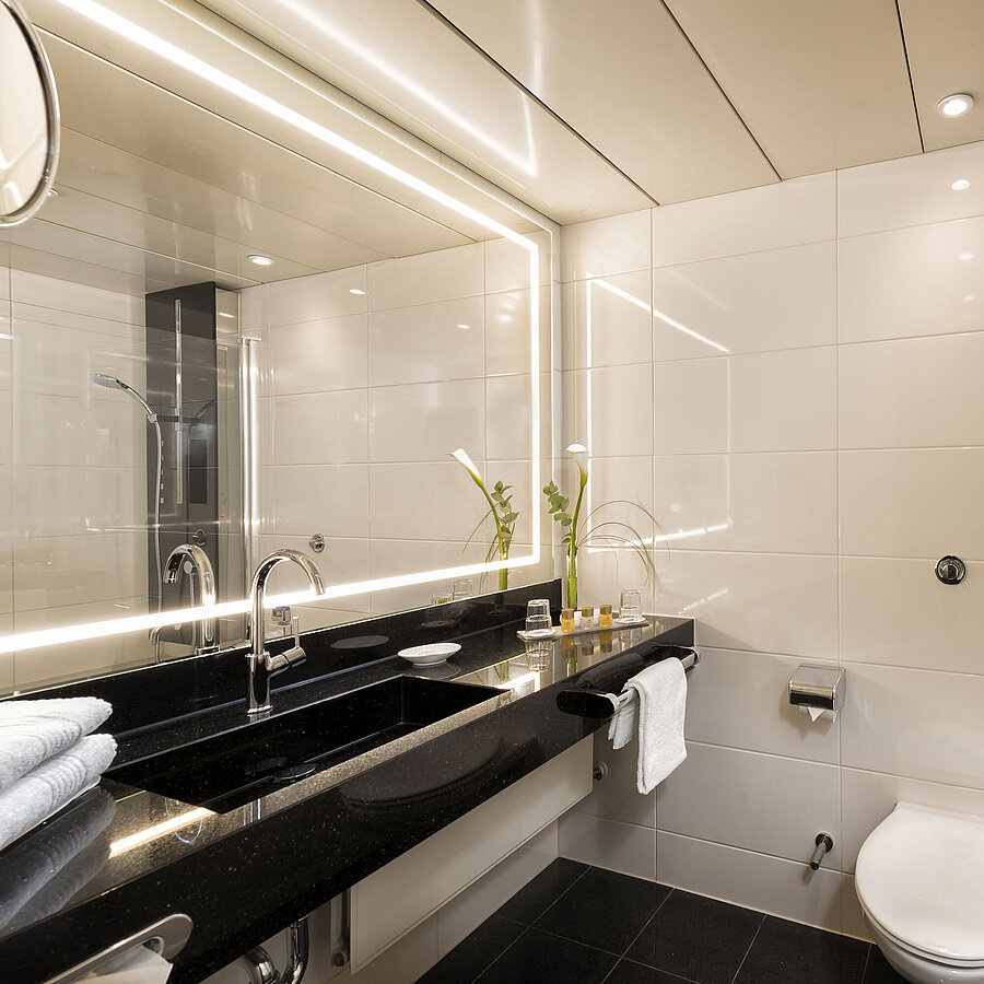 Badezimmer Modernes Badezimmer mit Dusche und Badewanne im Maritim Hotel Bonn, ausgestattet mit eleganten Armaturen und Spiegelbeleuchtung.