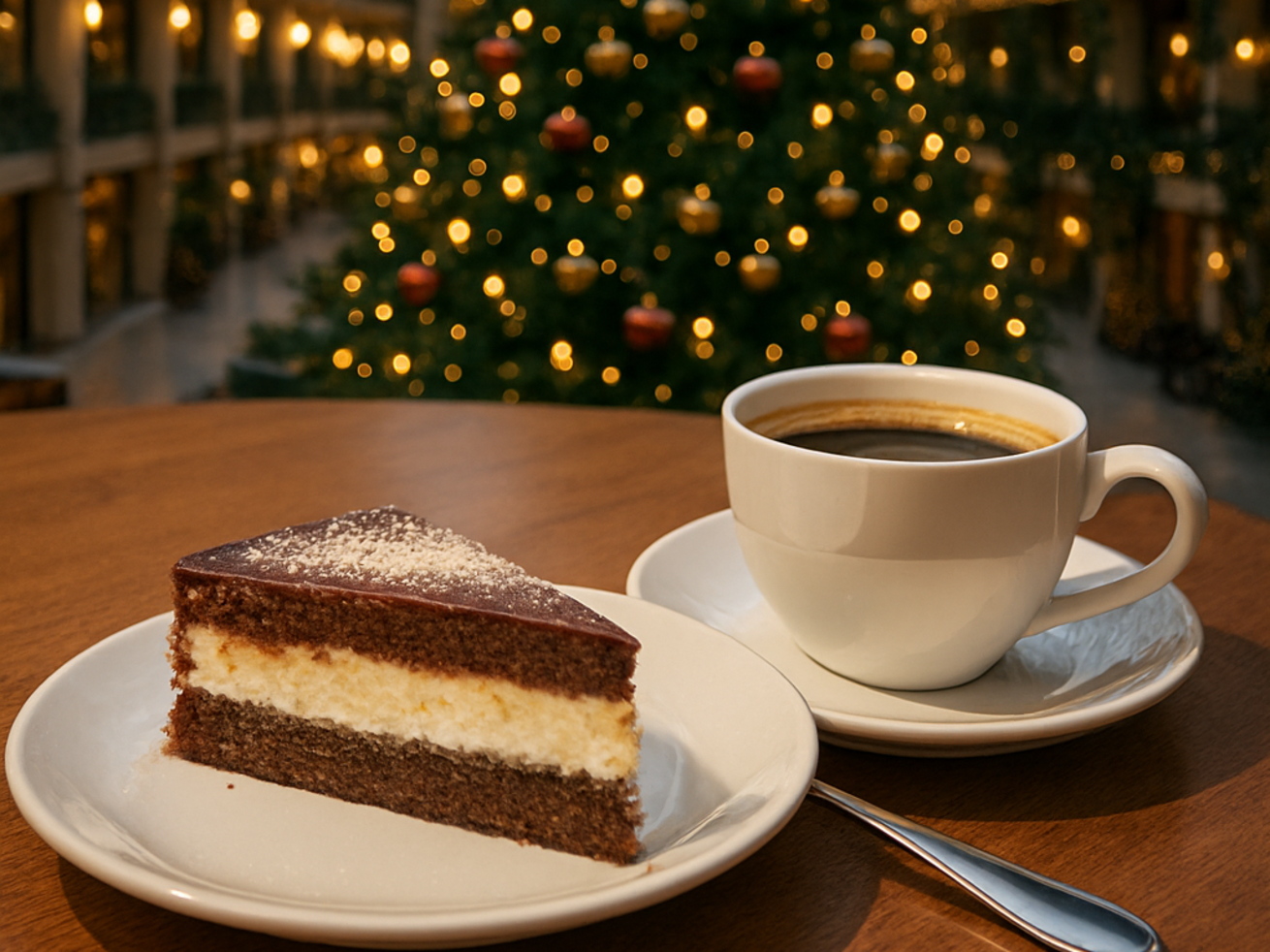 Tisch mit Kuchen und Kaffee vor großem Weihnachtsbaum in Glasgalerie im Maritim Hotel