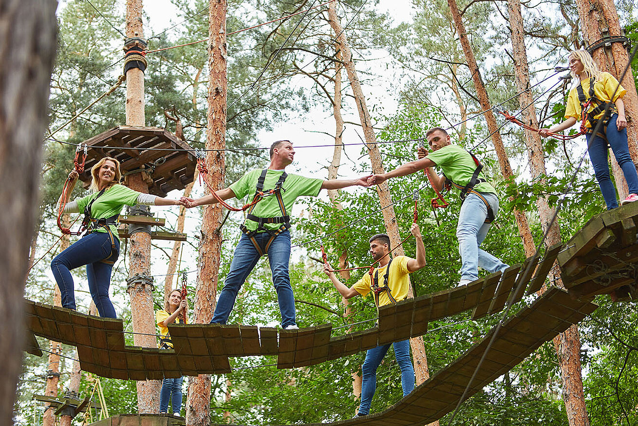 © Robert Kneschke - Adobestock.com Gruppe von Erwachsenen im Kletterwald balanciert über Seilbrücke zwischen Bäumen im Wald