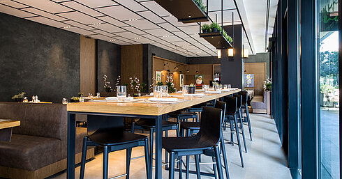 Helles Restaurant mit hohen Holztischen, modernen Stühlen und Hängepflanzen im Maritim Hotel Plaza Tirana