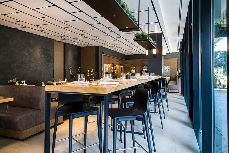 Helles Restaurant mit hohen Holztischen, modernen Stühlen und Hängepflanzen im Maritim Hotel Plaza Tirana