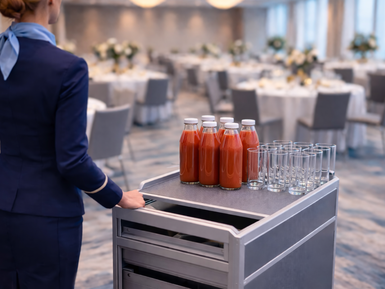 Airline Menü (Symbolbild - erstellt mit KI) Airline Menü mit Servicetrolley und hochwertig angerichteten Speisen im professionellen Serviceumfeld.