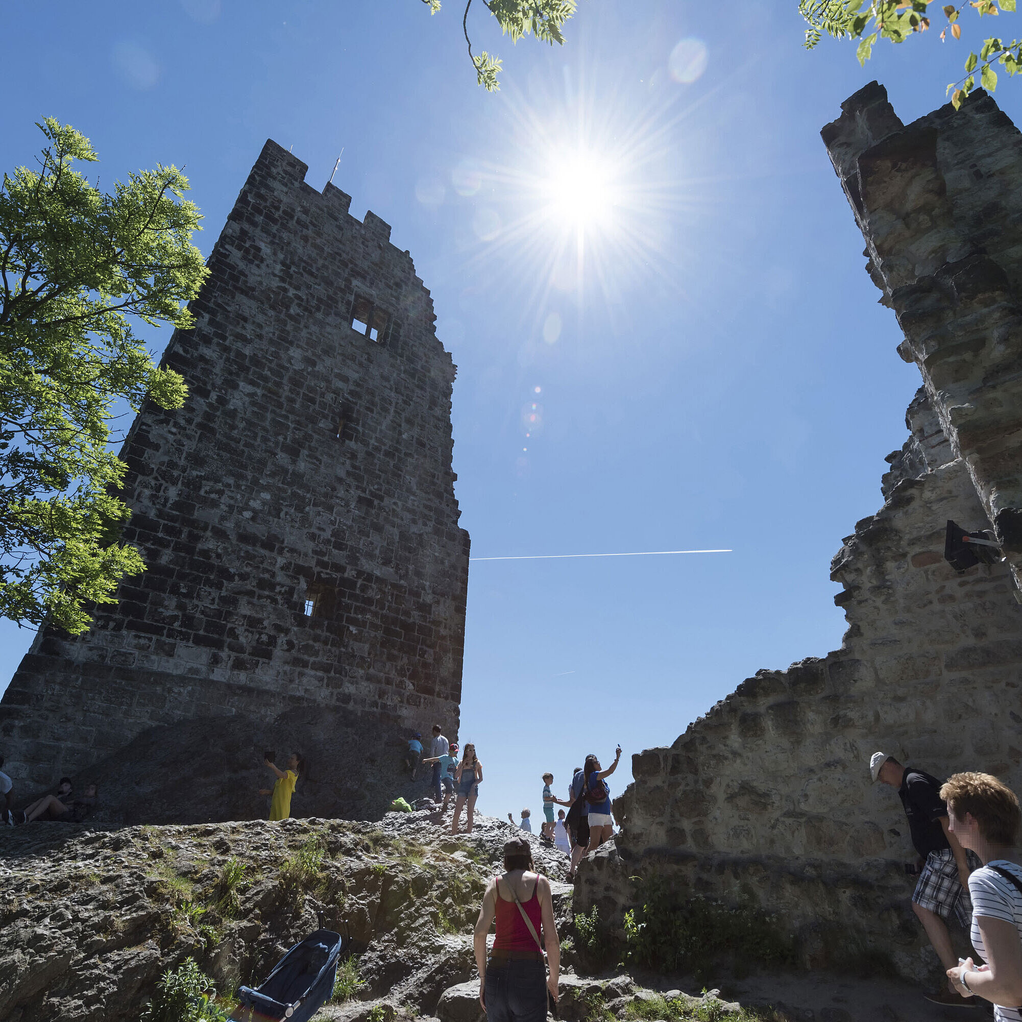 Die historische Burgruine Drachenfels in Königswinter mit Besuchern und strahlendem Sonnenschein.
