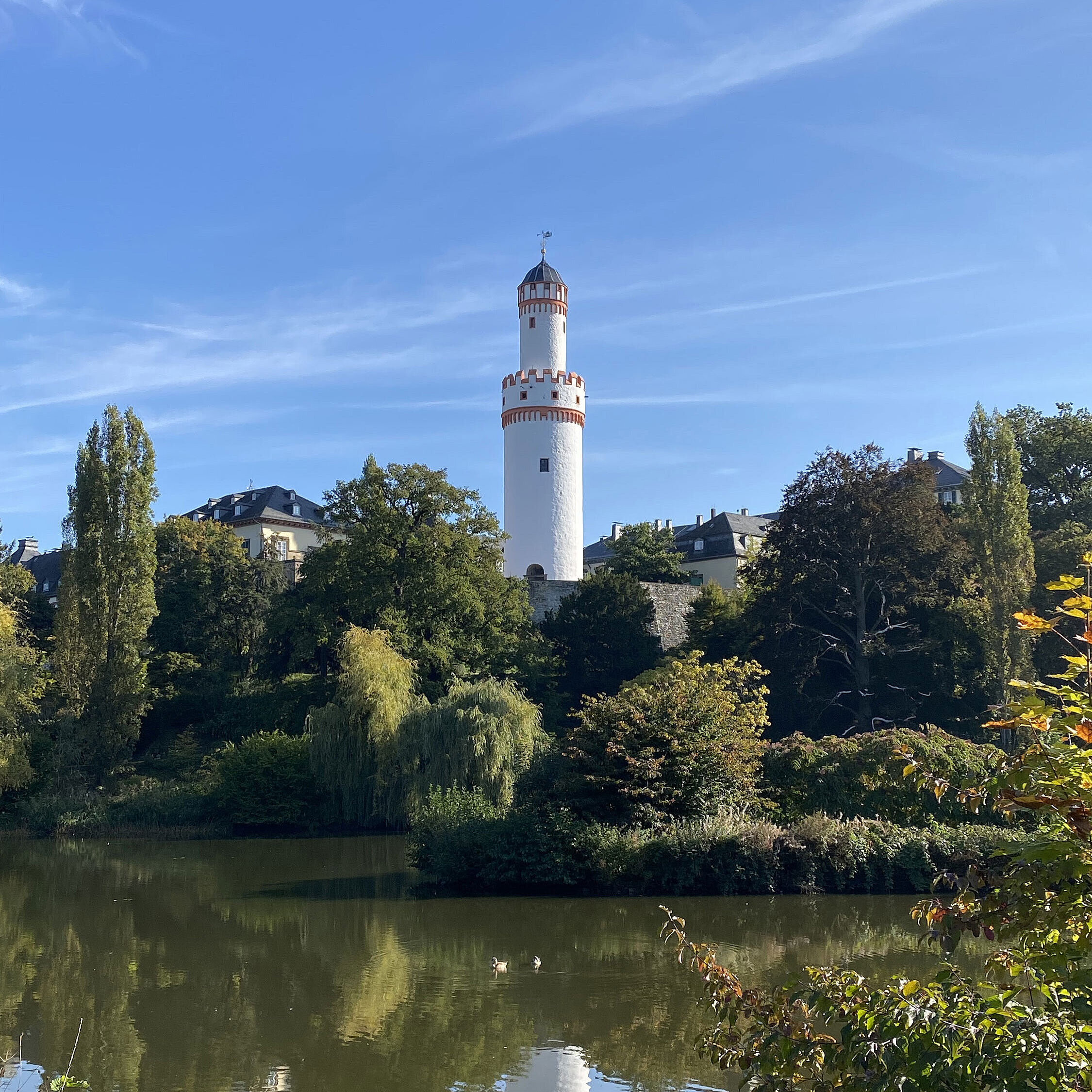 Weißer Turm in Bad Homburg vor blauem Himmel und umgeben von grüner Natur.