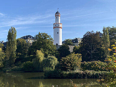 Weißer Turm in Bad Homburg vor blauem Himmel und umgeben von grüner Natur.