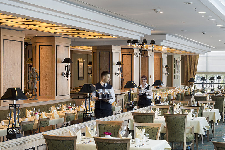 Restaurant 'Wintergarten' im Maritim Hotel Dresden mit gedeckten Tischen und freundlichem Servicepersonal.