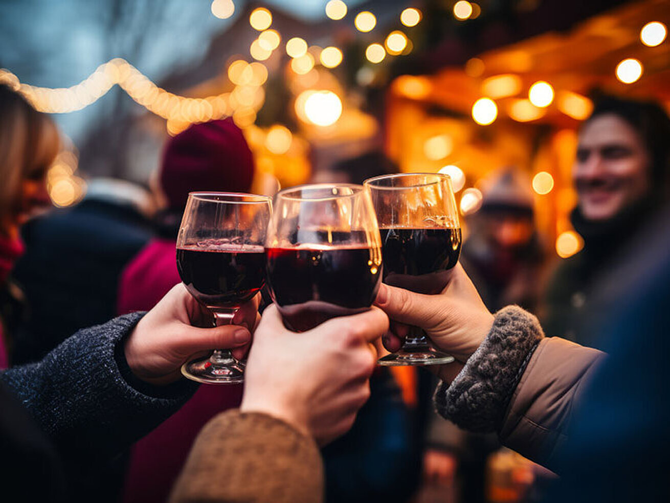 Menschen stoßen mit Glühweintassen auf dem Weihnachtsmarkt an – festliche Stimmung in der Adventszeit