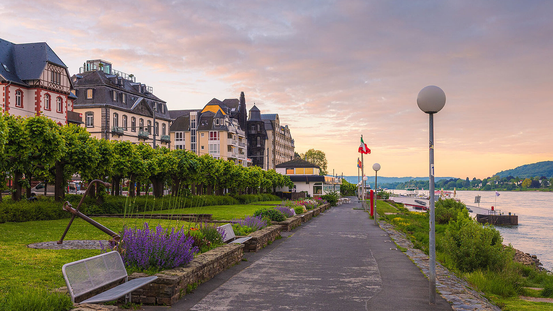 Rheinpromenade in Königswinter mit Blumenbeeten, Spazierweg und Blick auf den Rhein bei Abendstimmung.