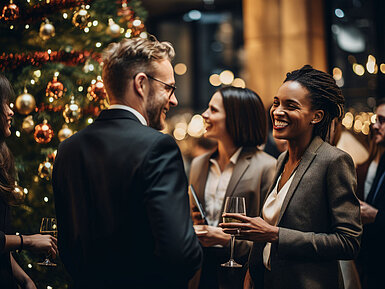 Geschäftsleute stoßen bei festlicher Weihnachtsfeier mit Sekt an vor geschmücktem Tannenbaum