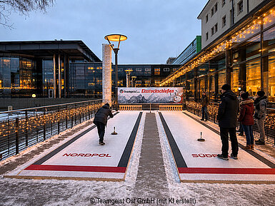 Winterlich beleuchtete Eisstockbahn im Außenbereich mit Lichterketten und Gästen beim Eisstockschießen in festlicher Atmosphäre.