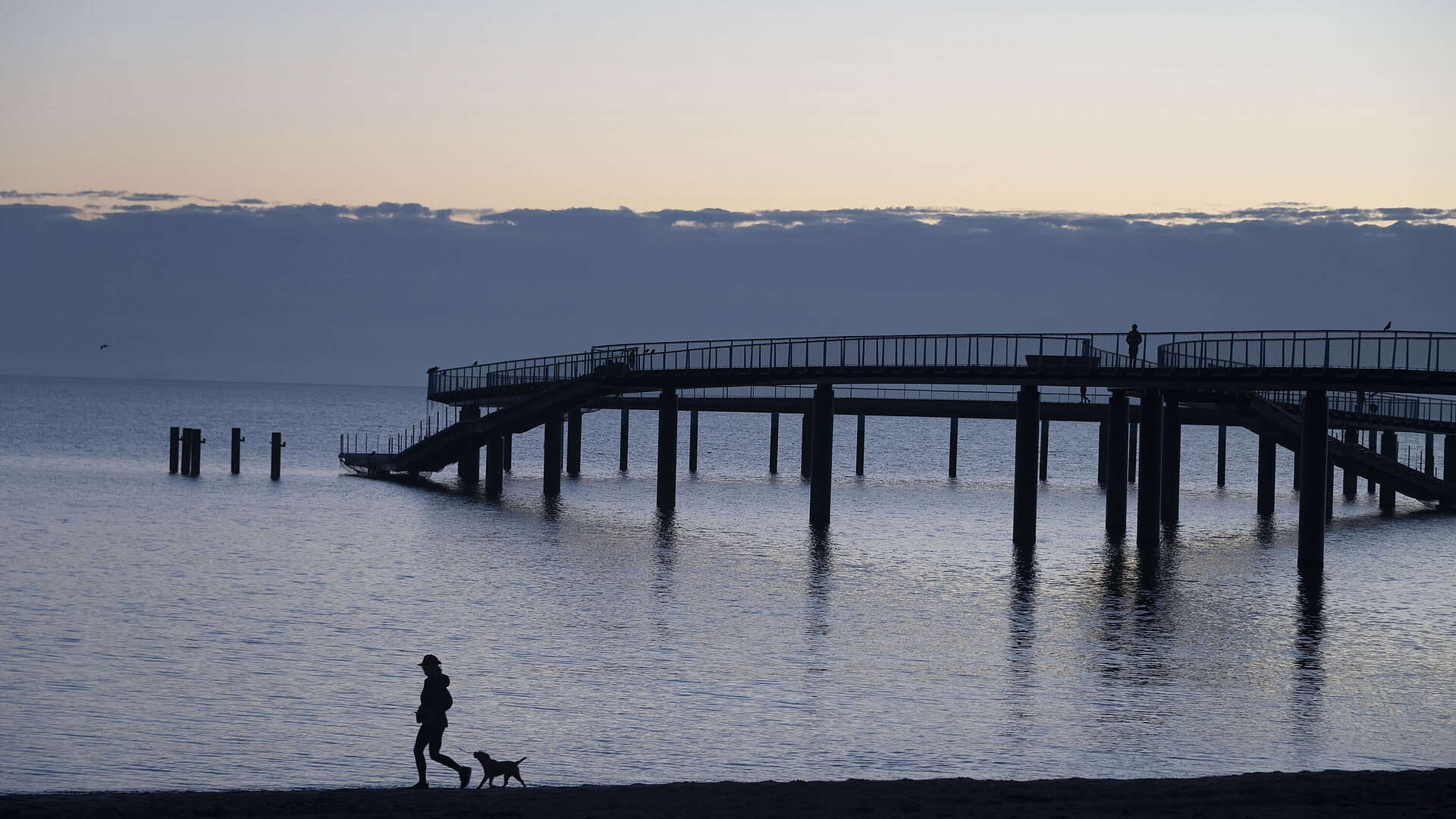 Frau mit Hund spaziert am Strand vor der Seebrücke in Timmendorfer Strand bei Abenddämmerung.