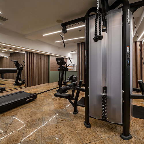 Moderner Fitnessraum im Maritim Hotel Dresden mit Trainingsgeräten und Gewichten.
