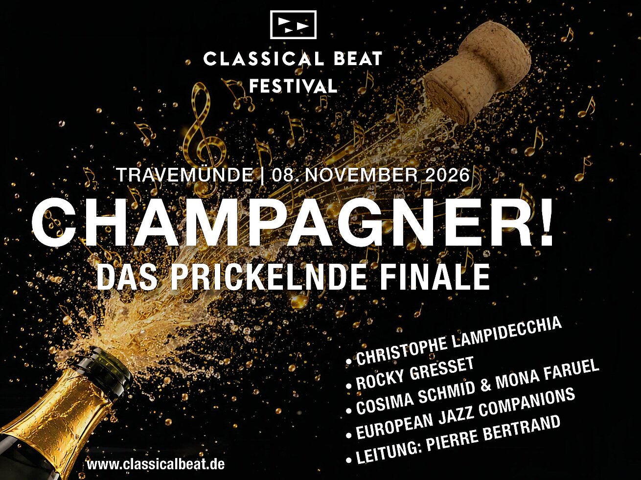 Classical Beat Festival Grafik zum Classical Beat Festival in Travemünde mit Champagnerflasche und Veranstaltungshinweis