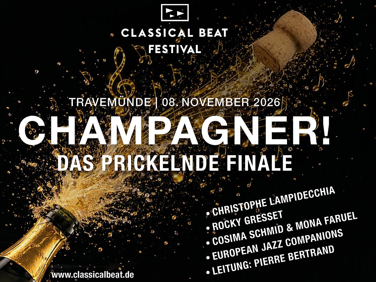 Grafik zum Classical Beat Festival in Travemünde mit Champagnerflasche und Veranstaltungshinweis