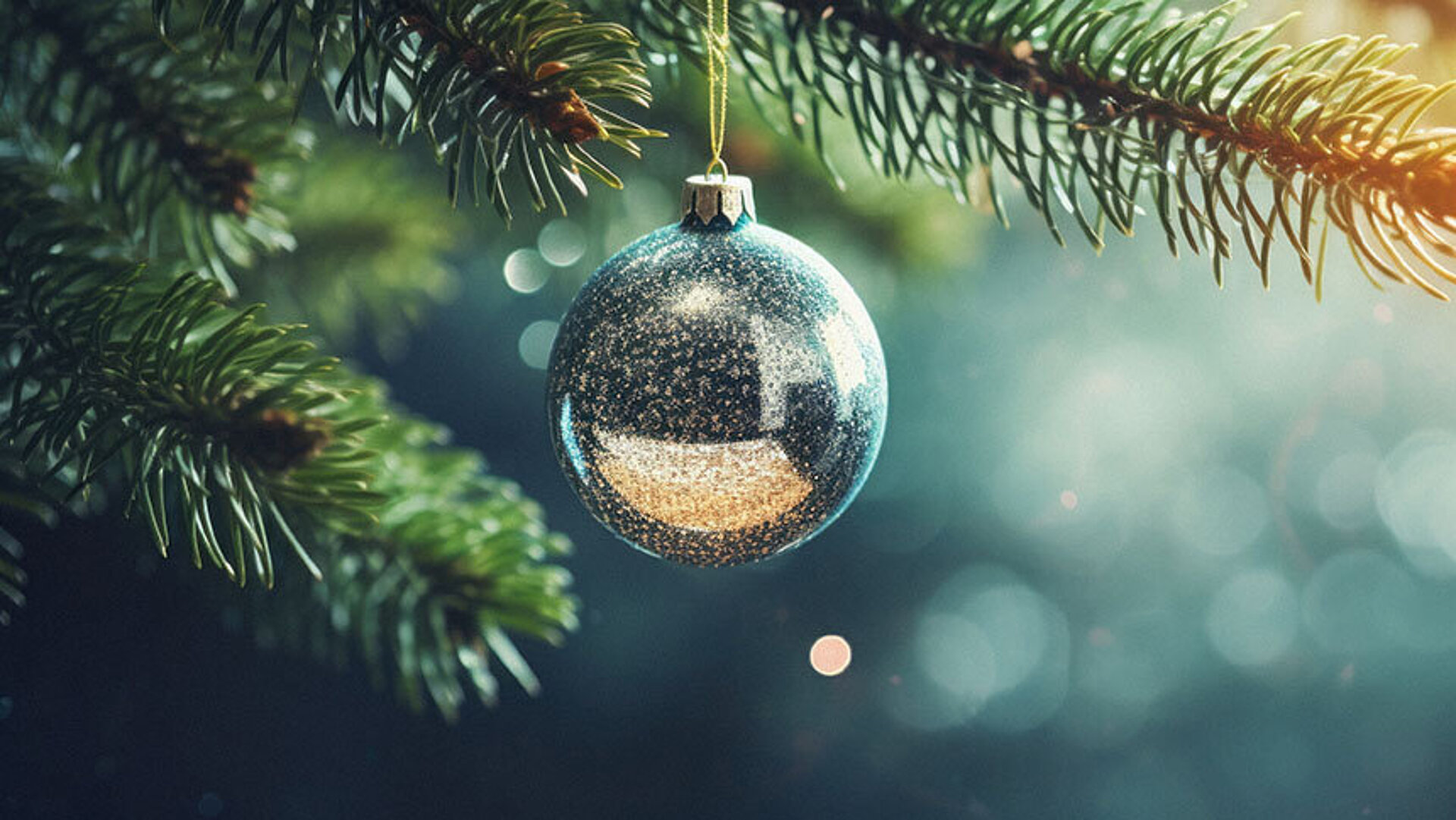 © Synthetica - AdobeStock.com Christbaumkugel hängt an Tannenzweig mit weihnachtlicher Beleuchtung
